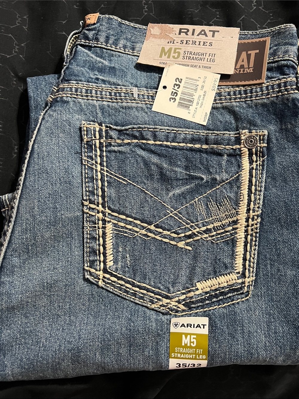 Ariat M5 Straight Fit Jeans in Medium Blue with Cream Stitching